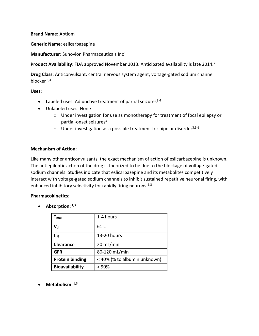 Brand Name: Aptiom Generic Name: Eslicarbazepine Manufacturer: Sunovion Pharmaceuticals Inc1 Product Availability: FDA Approved November 2013