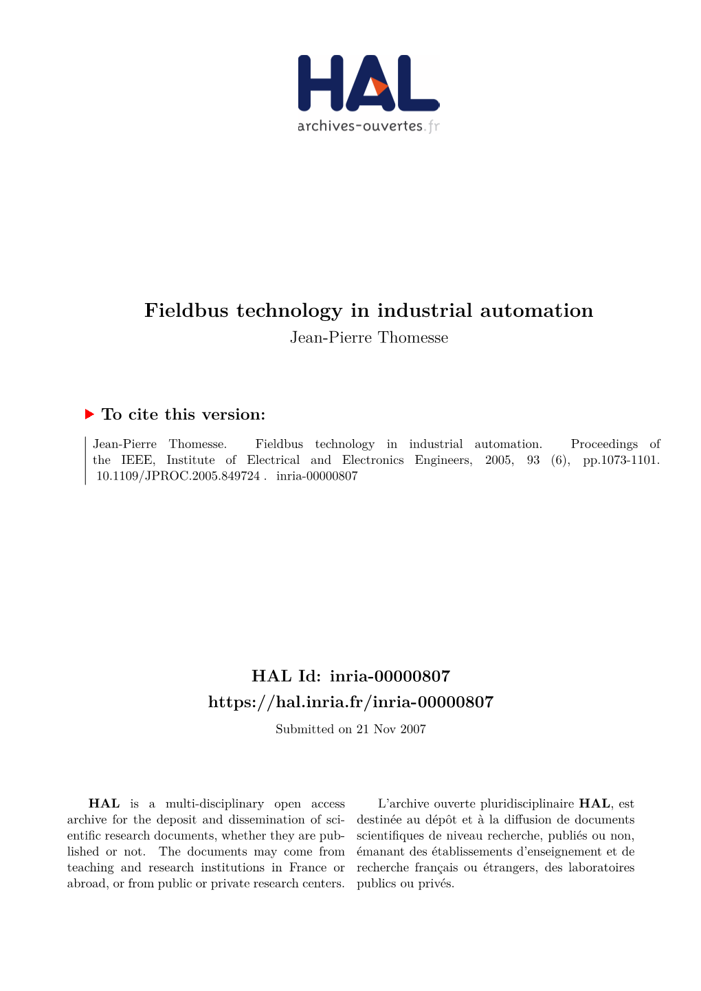 Fieldbus Technology in Industrial Automation Jean-Pierre Thomesse