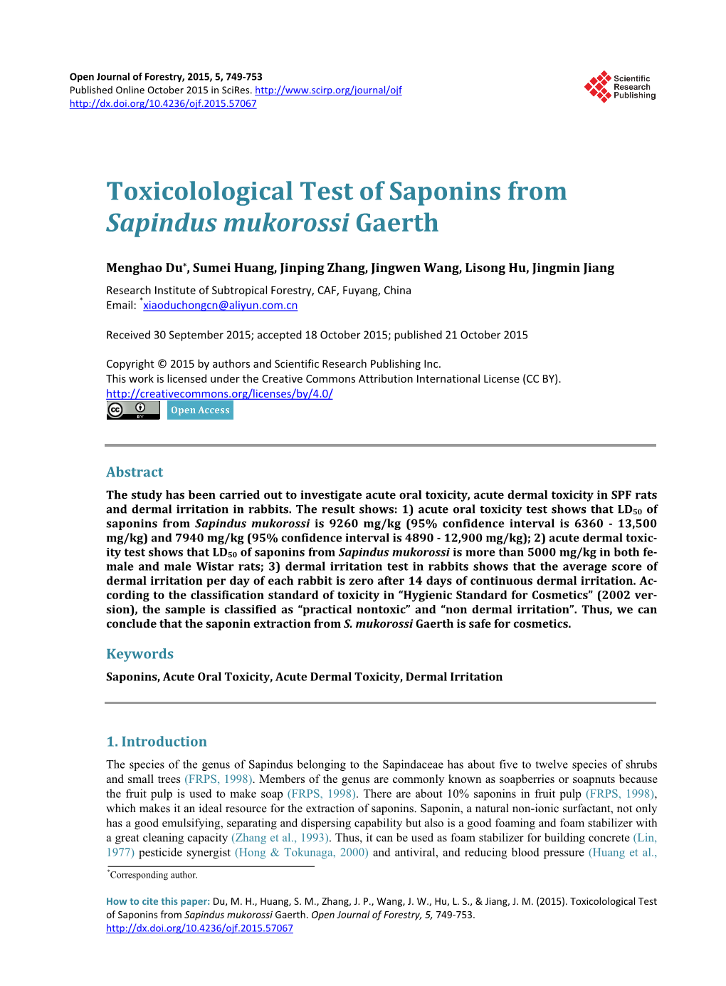 Toxicolological Test of Saponins from Sapindus Mukorossi Gaerth