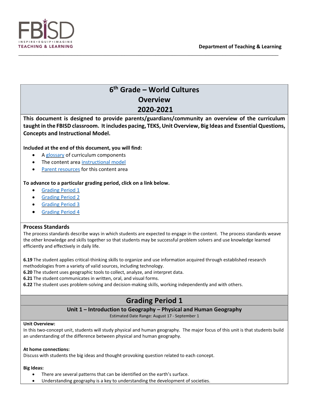 World Cultures Overview 2020-2021 Grading Period 1