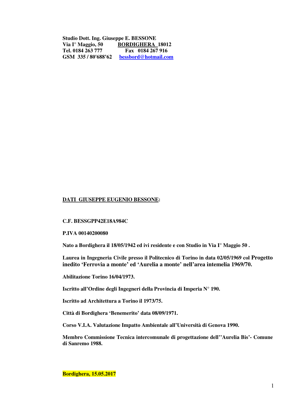 Giuseppe Bessone Curriculum Vitae