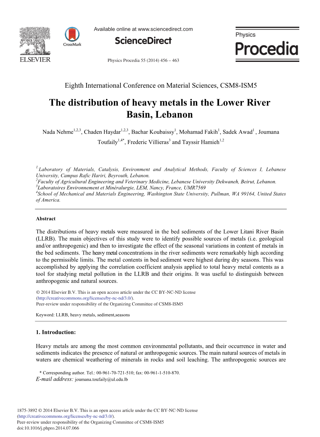 The Distribution of Heavy Metals in the Lower River Basin, Lebanon