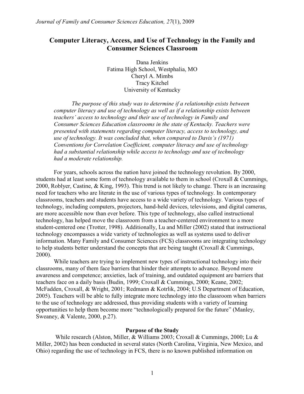 Computer Literacy, Access, and Use of Technology in the Family and Consumer Sciences Classroom