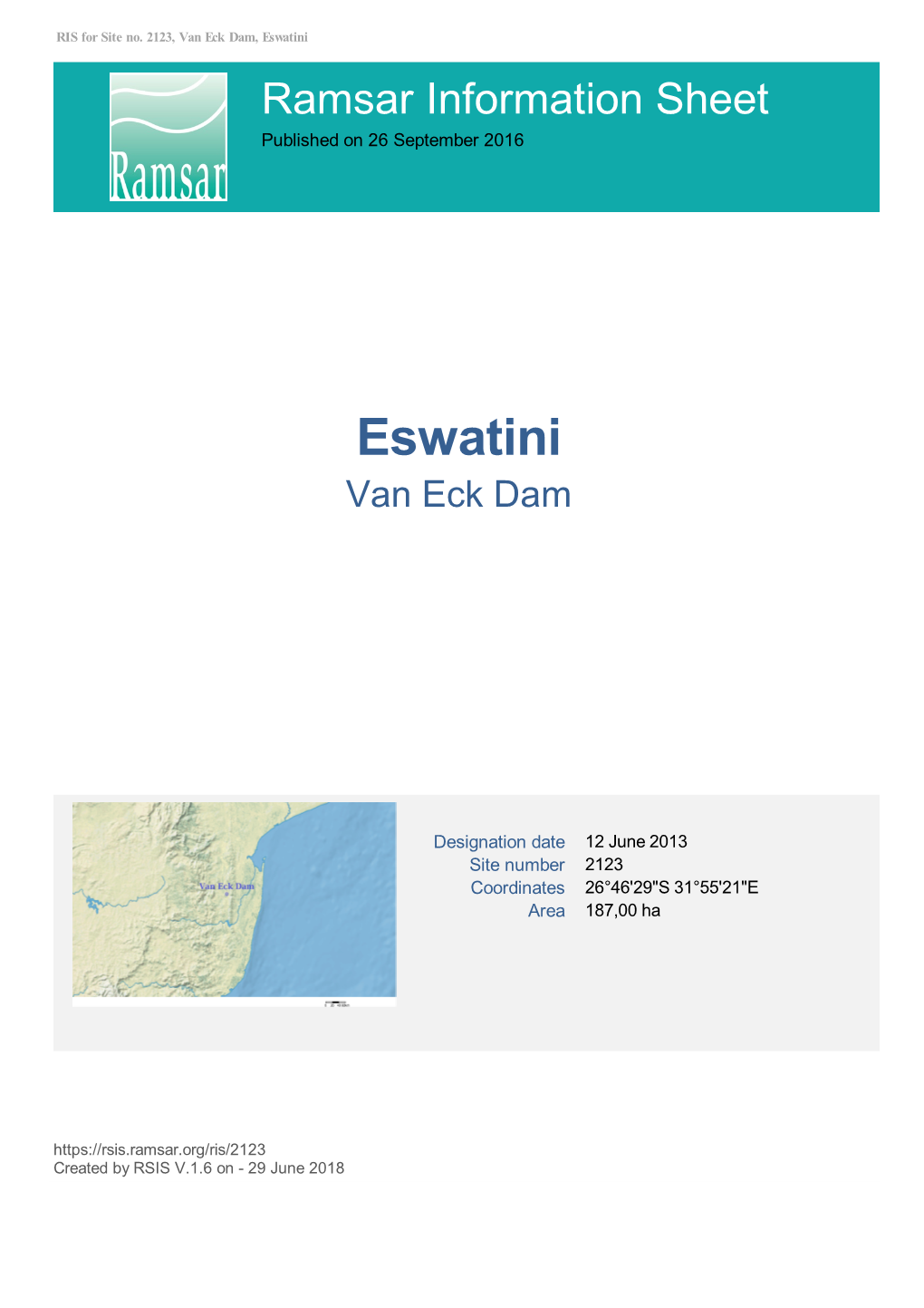 Eswatini Ramsar Information Sheet Published on 26 September 2016