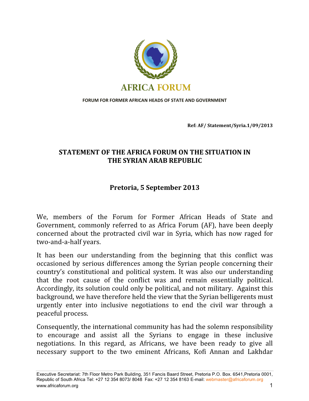Statement of the Africa Forum on the Situation in Syria