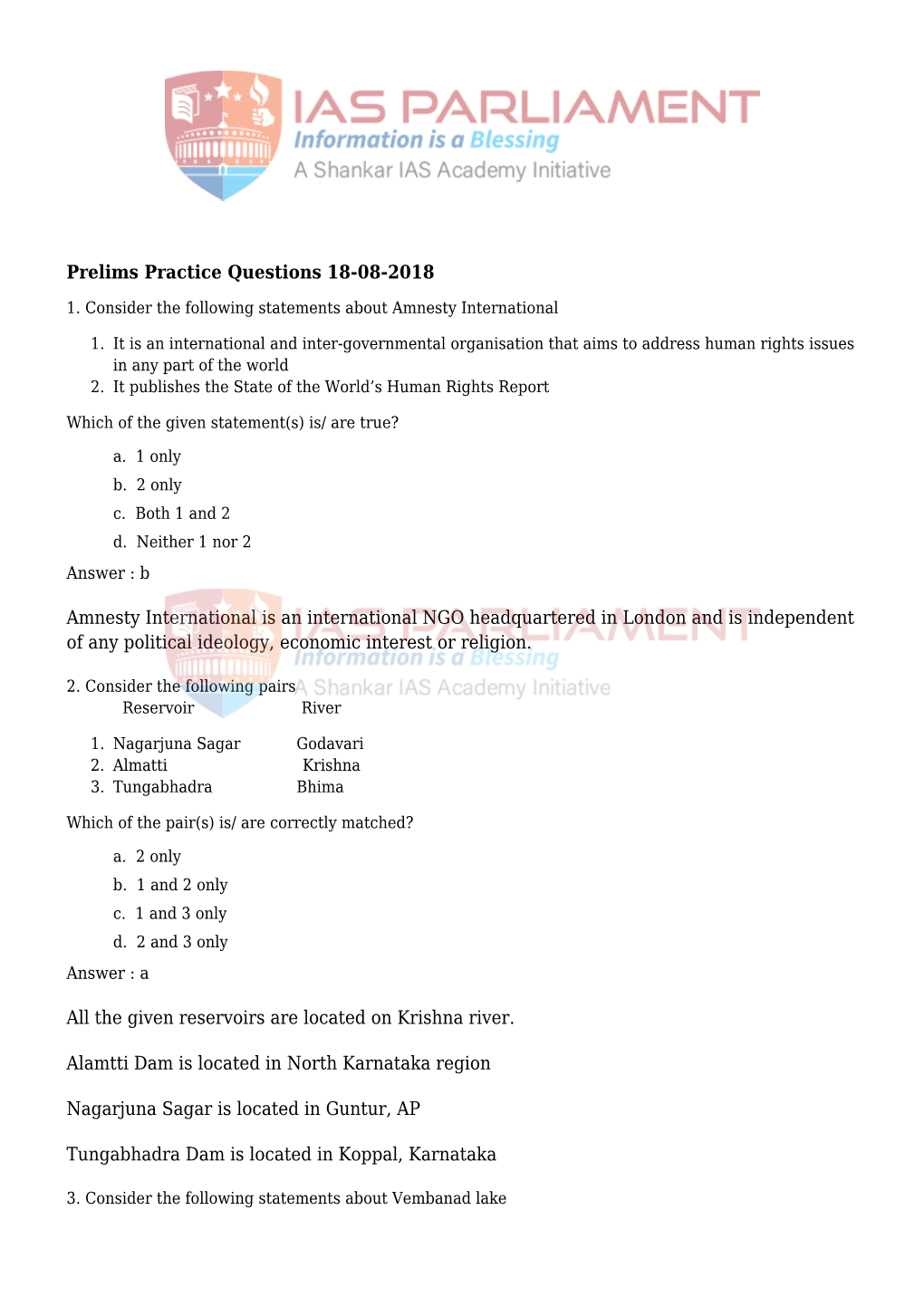 Prelims Practice Questions 18-08-2018 Amnesty International