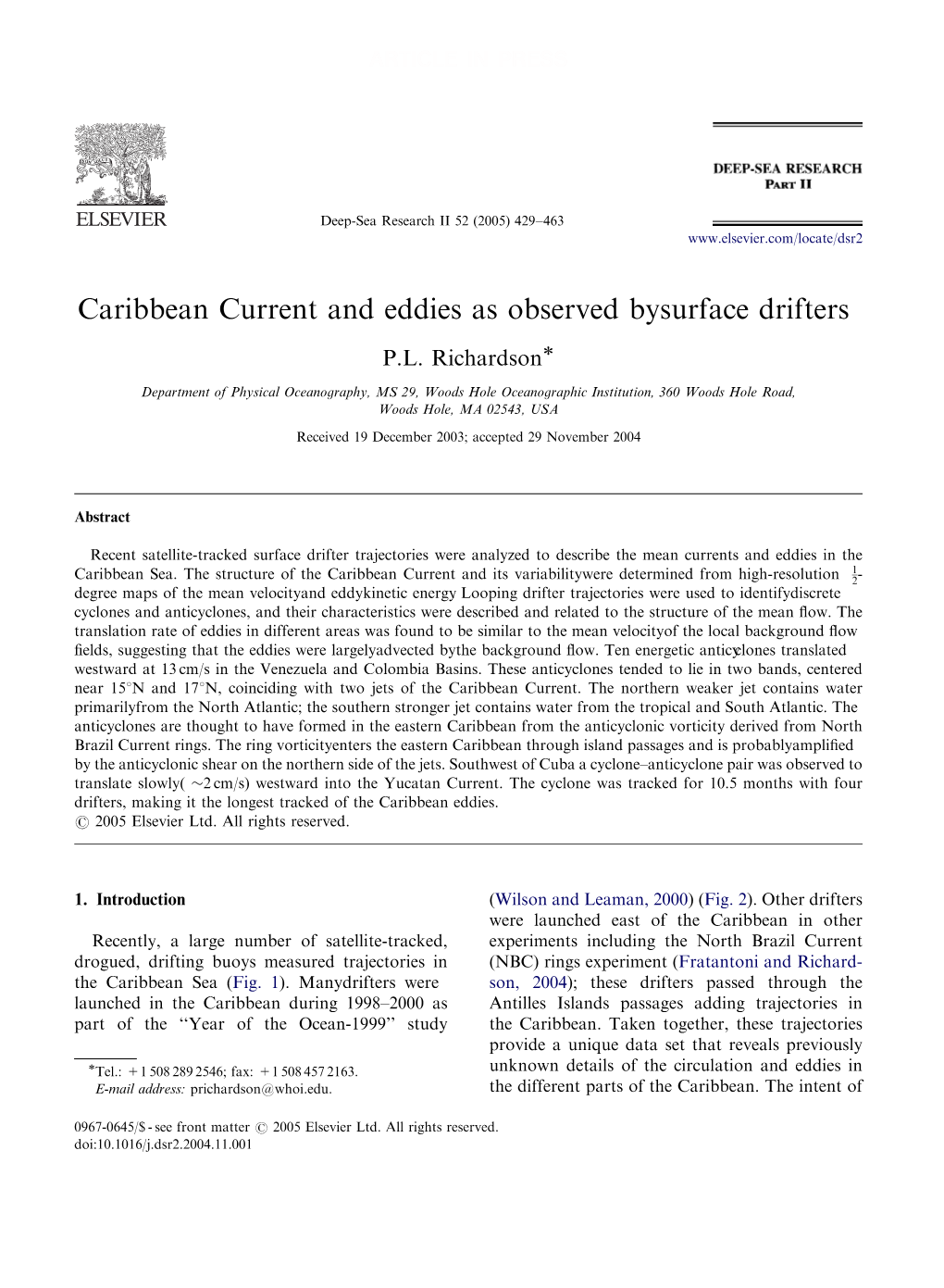 Caribbean Current and Eddies As Observed by Surface Drifters