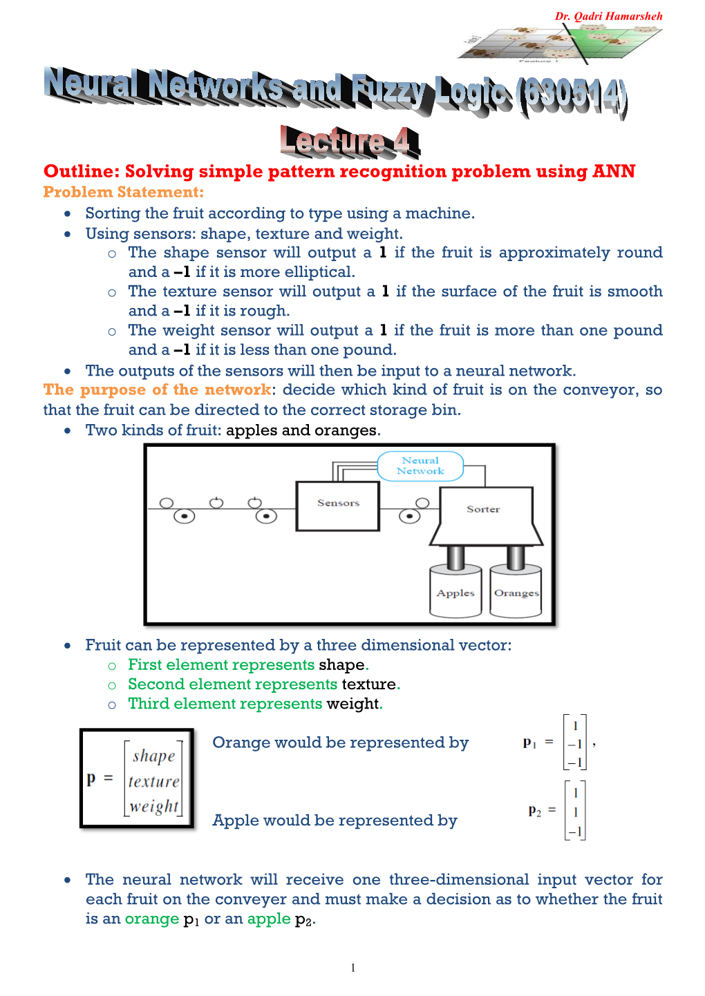 Outline: Solving Simple Pattern Recognition Problem Using ANN Problem Statement:  Sorting the Fruit According to Type Using a Machine