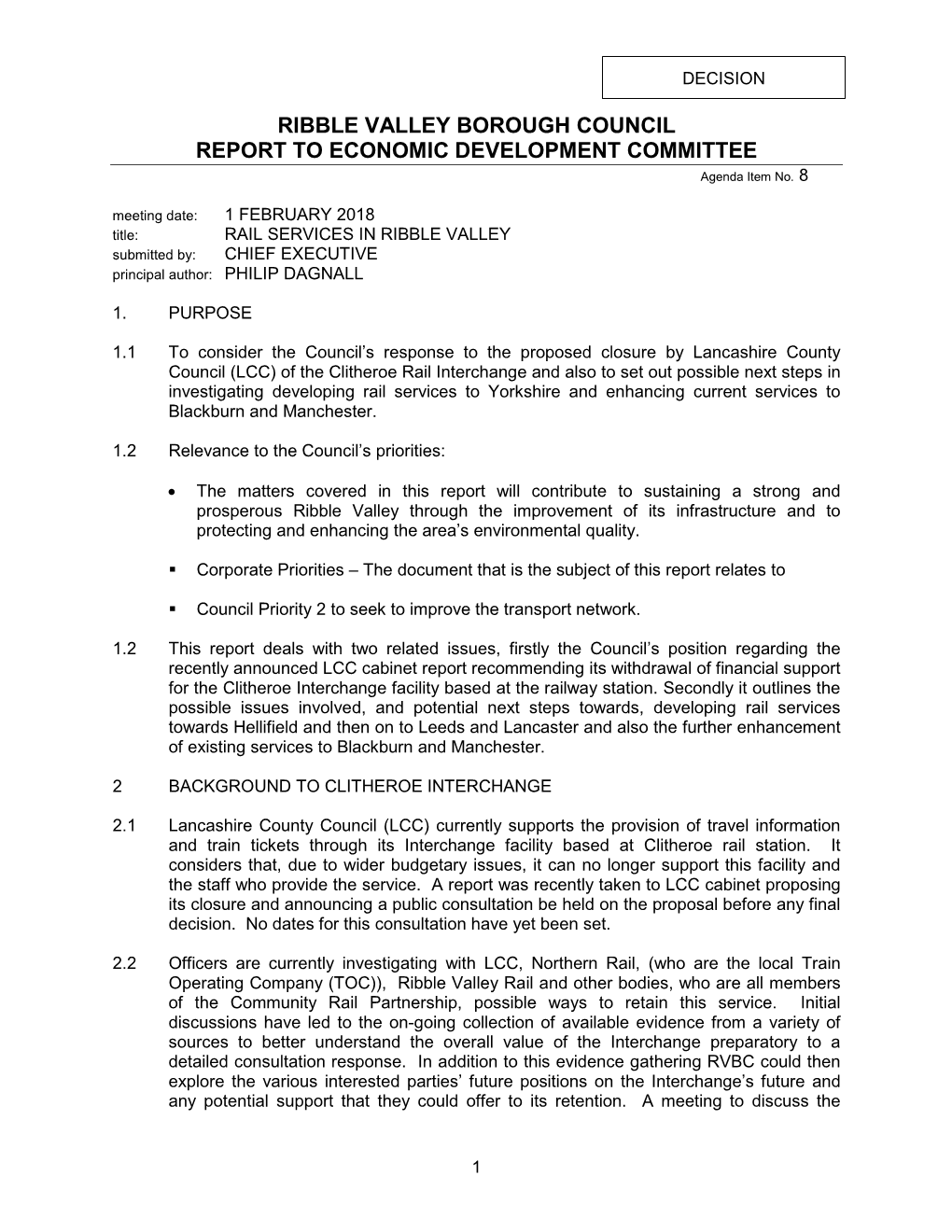 RAIL SERVICES in RIBBLE VALLEY Submitted By: CHIEF EXECUTIVE Principal Author: PHILIP DAGNALL