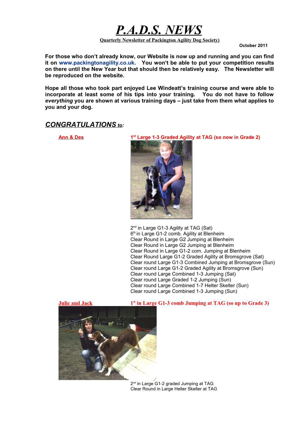 Quarterly Newsletter of Packington Agility Dog Society)