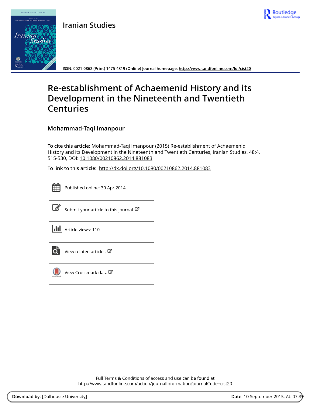 Re-Establishment of Achaemenid History and Its Development in the Nineteenth and Twentieth Centuries