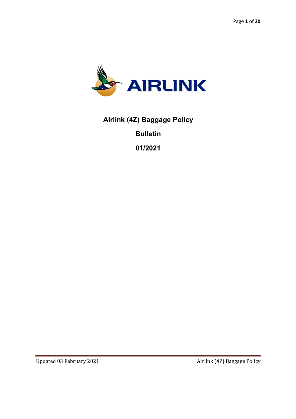 Airlink (4Z) Baggage Policy Bulletin 01/2021