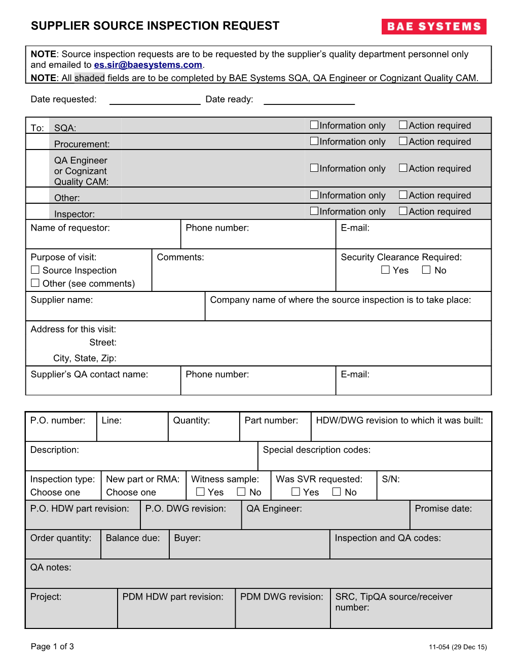 Supplier Source Inspection Request; 11-054