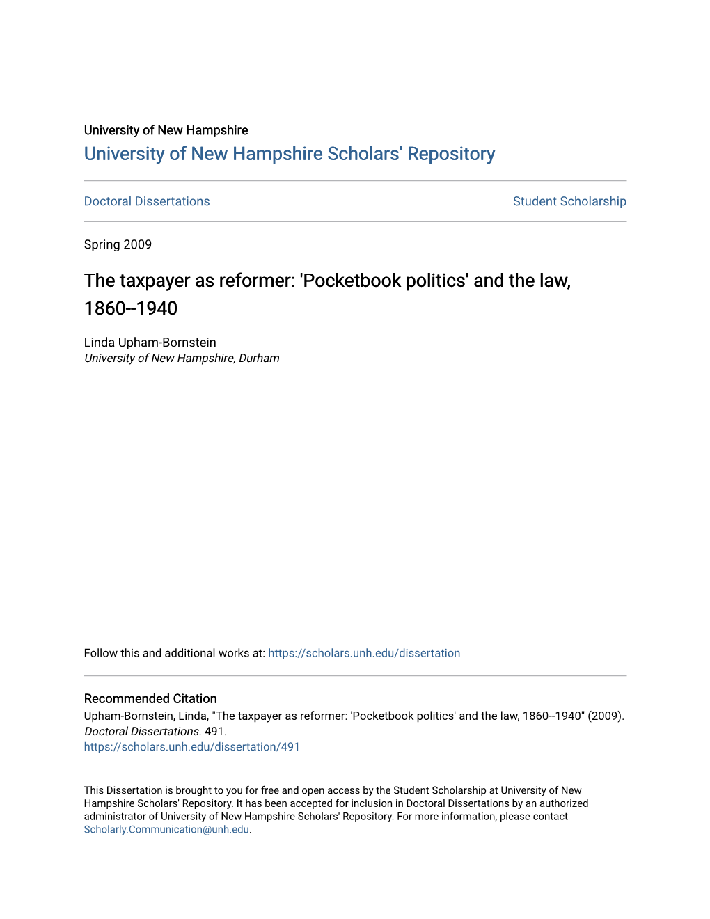 The Taxpayer As Reformer: 'Pocketbook Politics' and the Law, 1860--1940