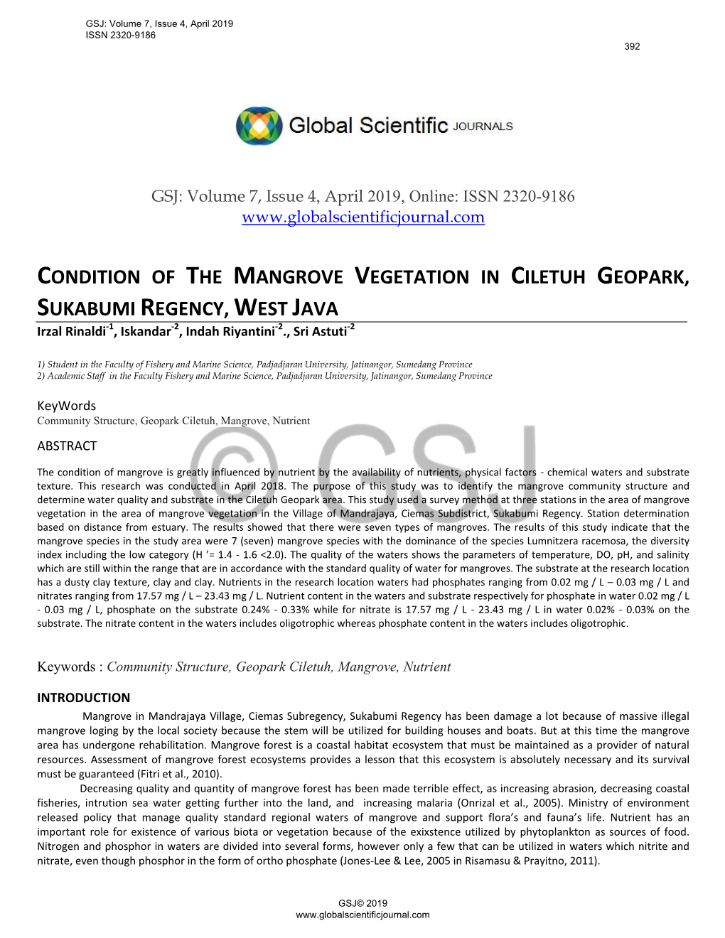 CONDITION of the MANGROVE VEGETATION in CILETUH GEOPARK, SUKABUMI REGENCY, WEST JAVA Irzal Rinaldi-1, Iskandar-2, Indah Riyantini-2., Sri Astuti-2