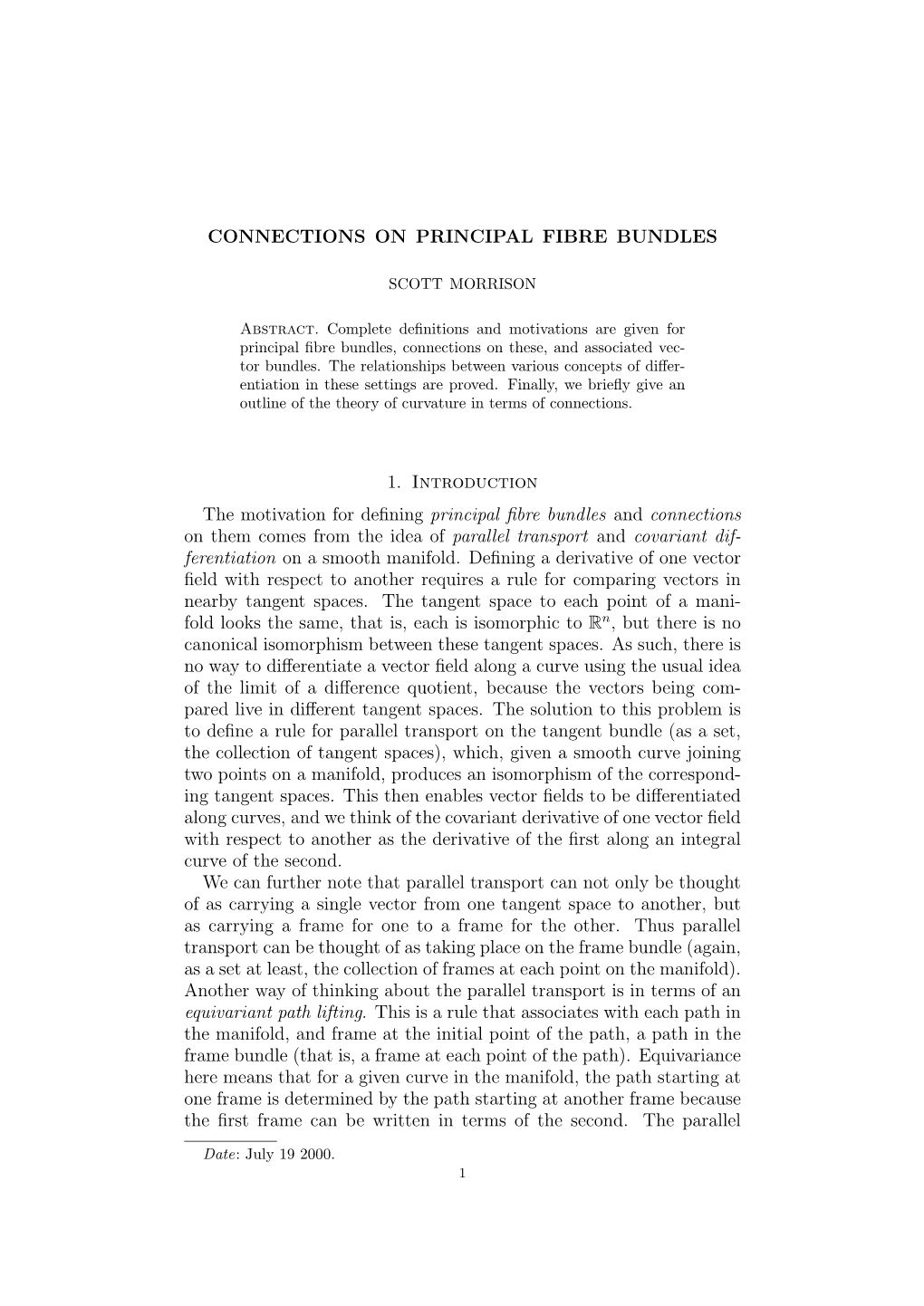 CONNECTIONS on PRINCIPAL FIBRE BUNDLES 1. Introduction