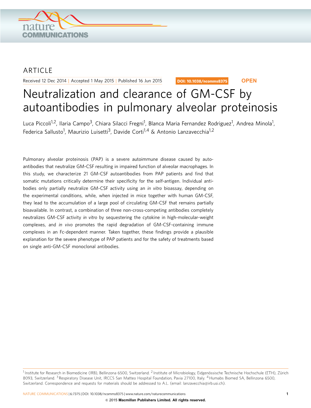 Neutralization and Clearance of GM-CSF by Autoantibodies in Pulmonary Alveolar Proteinosis