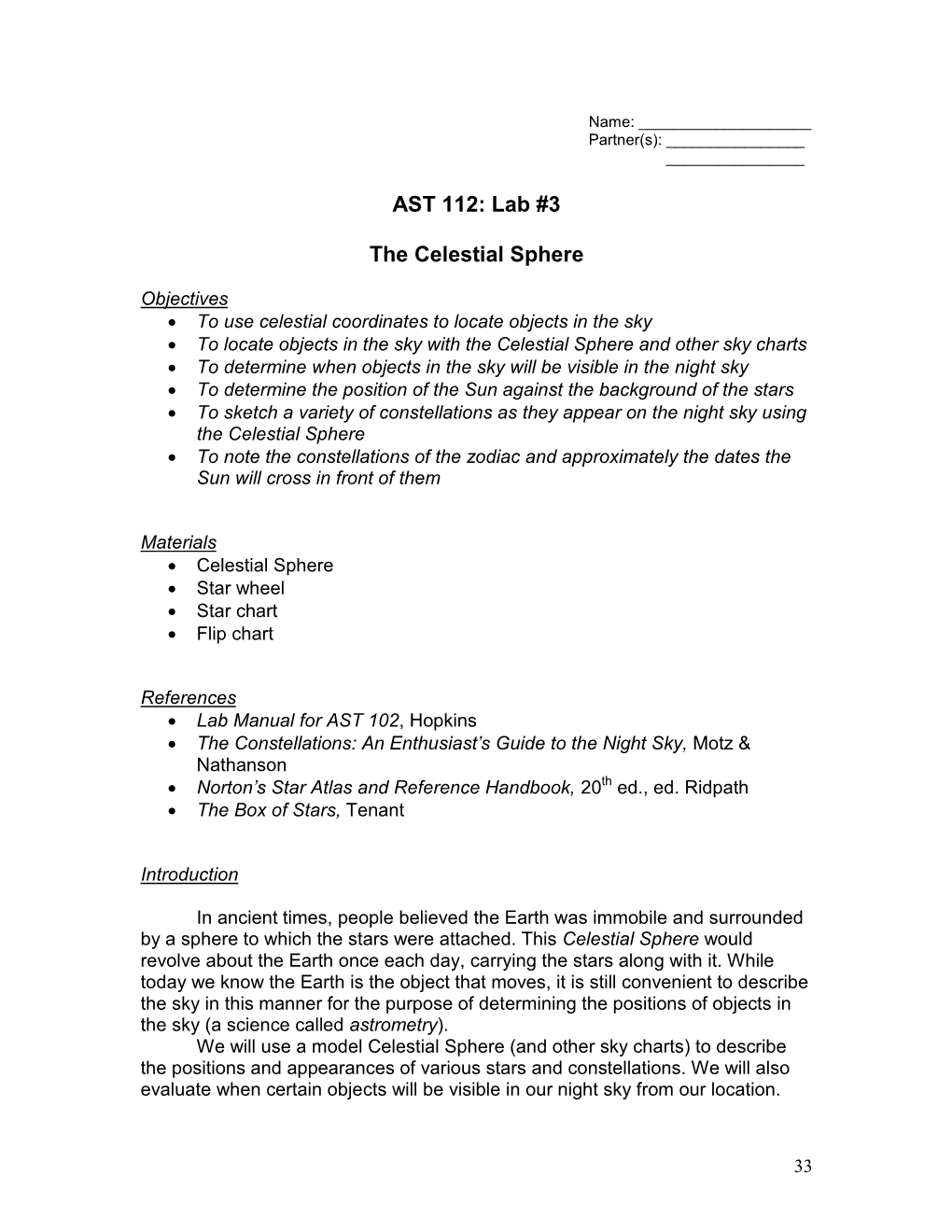 AST 112: Lab #3 the Celestial Sphere