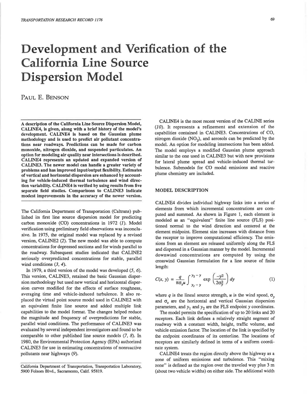 Development and Verification of the California Line Source Dispersion Model