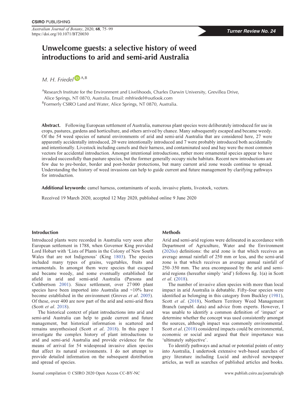 Unwelcome Guests: a Selective History of Weed Introductions to Arid and Semi-Arid Australia