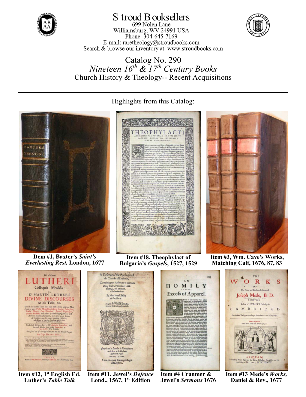 Catalog No. 290 Nineteen 16Th & 17Th Century Books Church History & Theology-- Recent Acquisitions