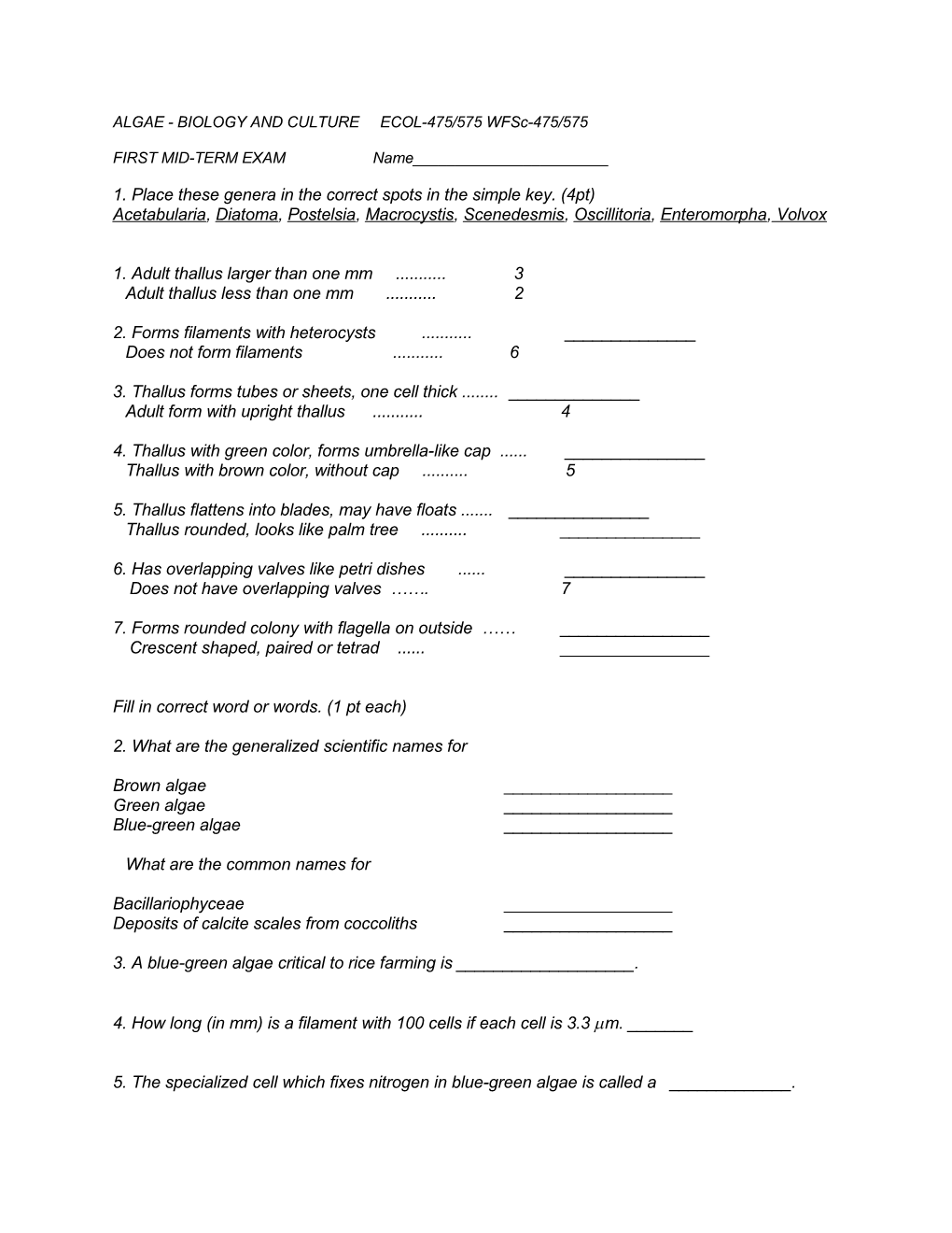 ALGAE - BIOLOGY and CULTURE ECOL-475/575 Wfsc-475/575 s1