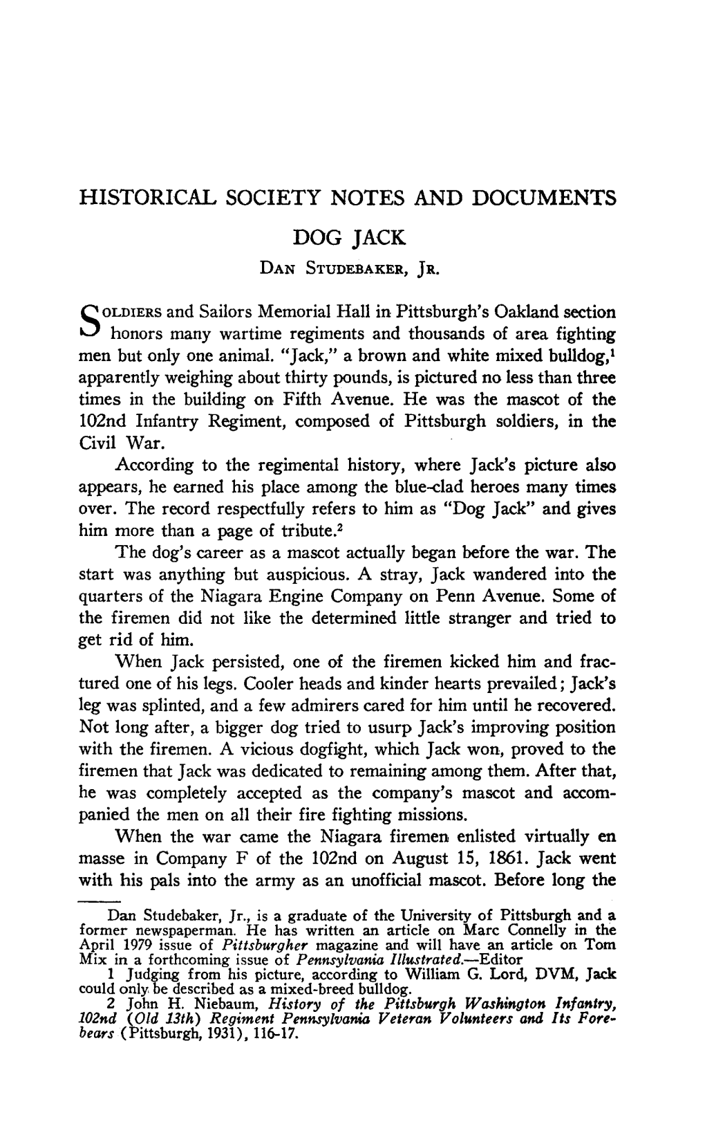HISTORICAL SOCIETY NOTES and DOCUMENTS DOG JACK Dan Studebaker, Jr