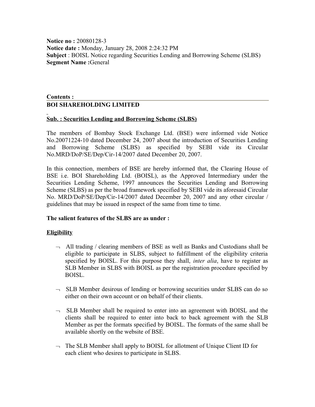 Subject : BOISL Notice Regarding Securities Lending and Borrowing Scheme (SLBS)