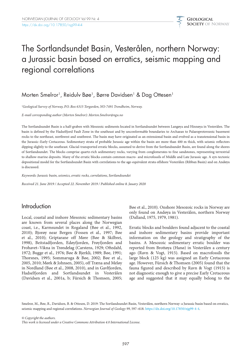 The Sortlandsundet Basin, Vesterålen, Northern Norway: a Jurassic Basin Based on Erratics, Seismic Mapping and Regional Correlations