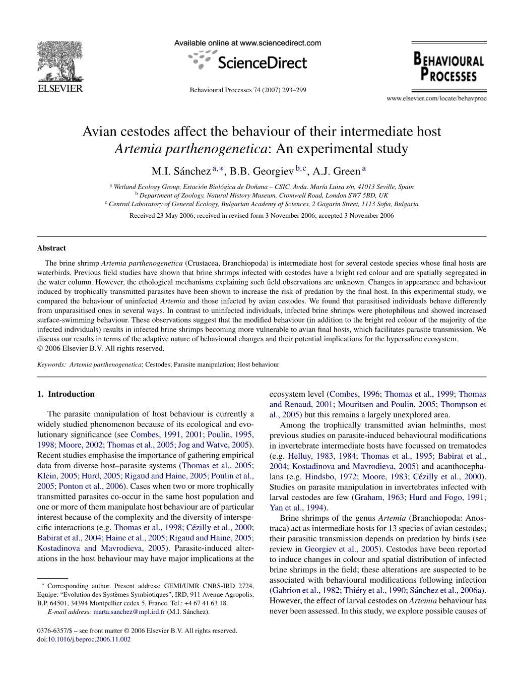 Avian Cestodes Affect the Behaviour of Their Intermediate Host Artemia Parthenogenetica: an Experimental Study M.I