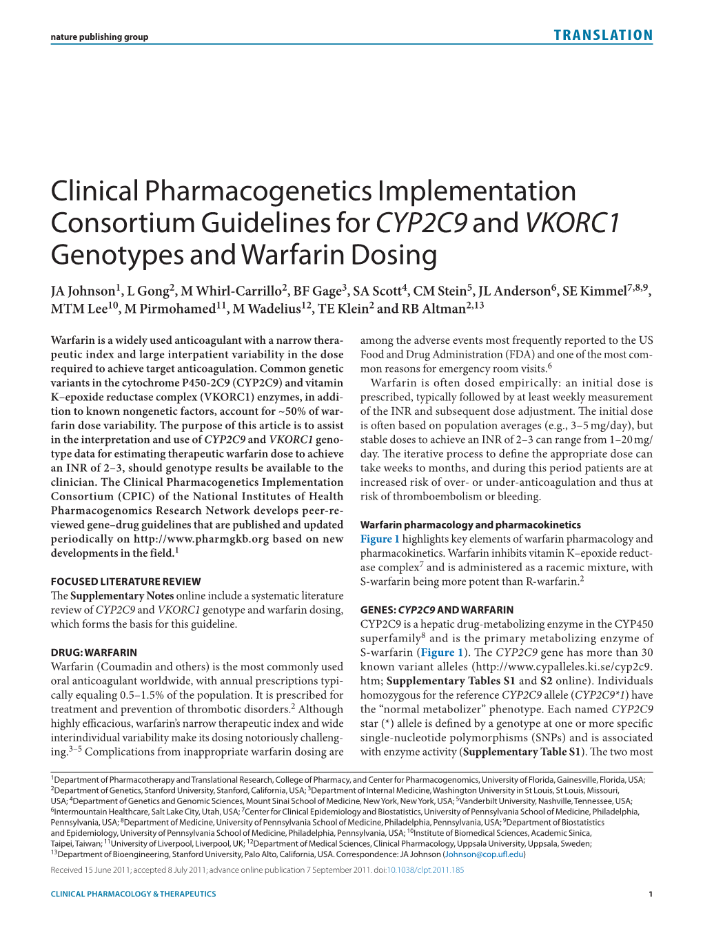 Clinical Pharmacogenetics Implementation Consortium Guidelines for Cyp2c9and VKORC1 Genotypes and Warfarin Dosing