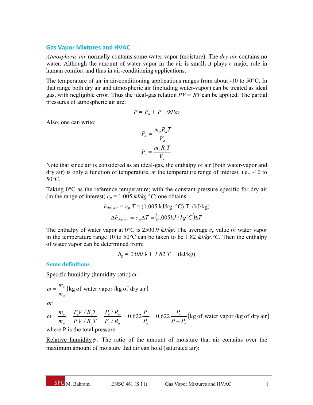 Gas Vapor Mixtures and HVAC Atmospheric Air Normally Contains Some Water Vapor (Moisture)