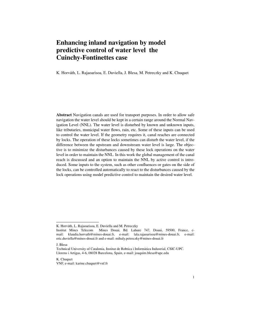 Enhancing Inland Navigation by Model Predictive Control of Water Level the Cuinchy-Fontinettes Case