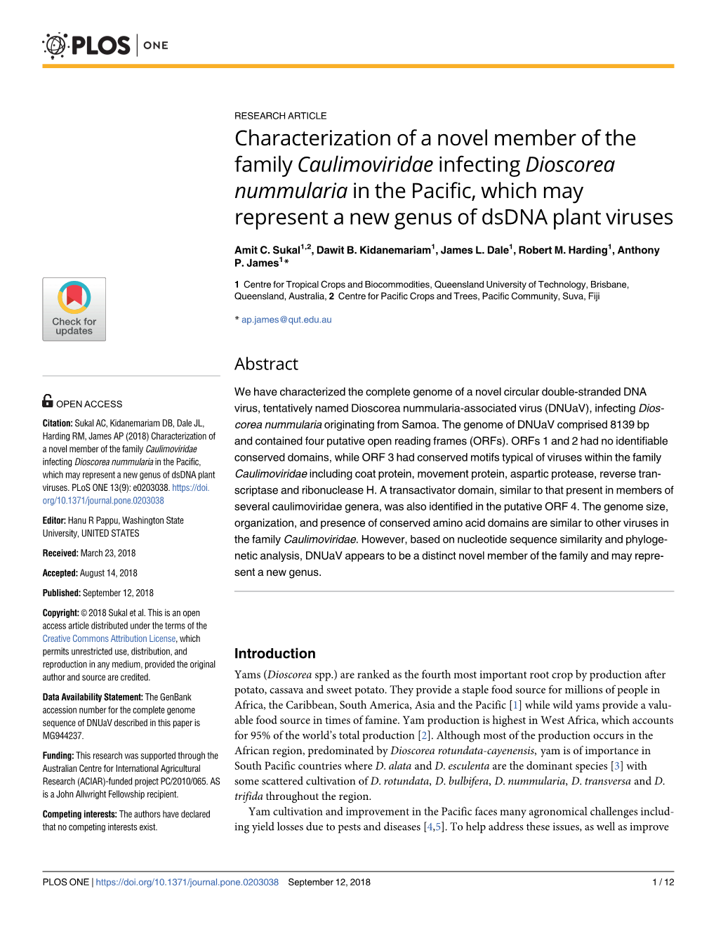 Characterization of a Novel Member of the Family Caulimoviridae Infecting Dioscorea Nummularia in the Pacific, Which May Represent a New Genus of Dsdna Plant Viruses