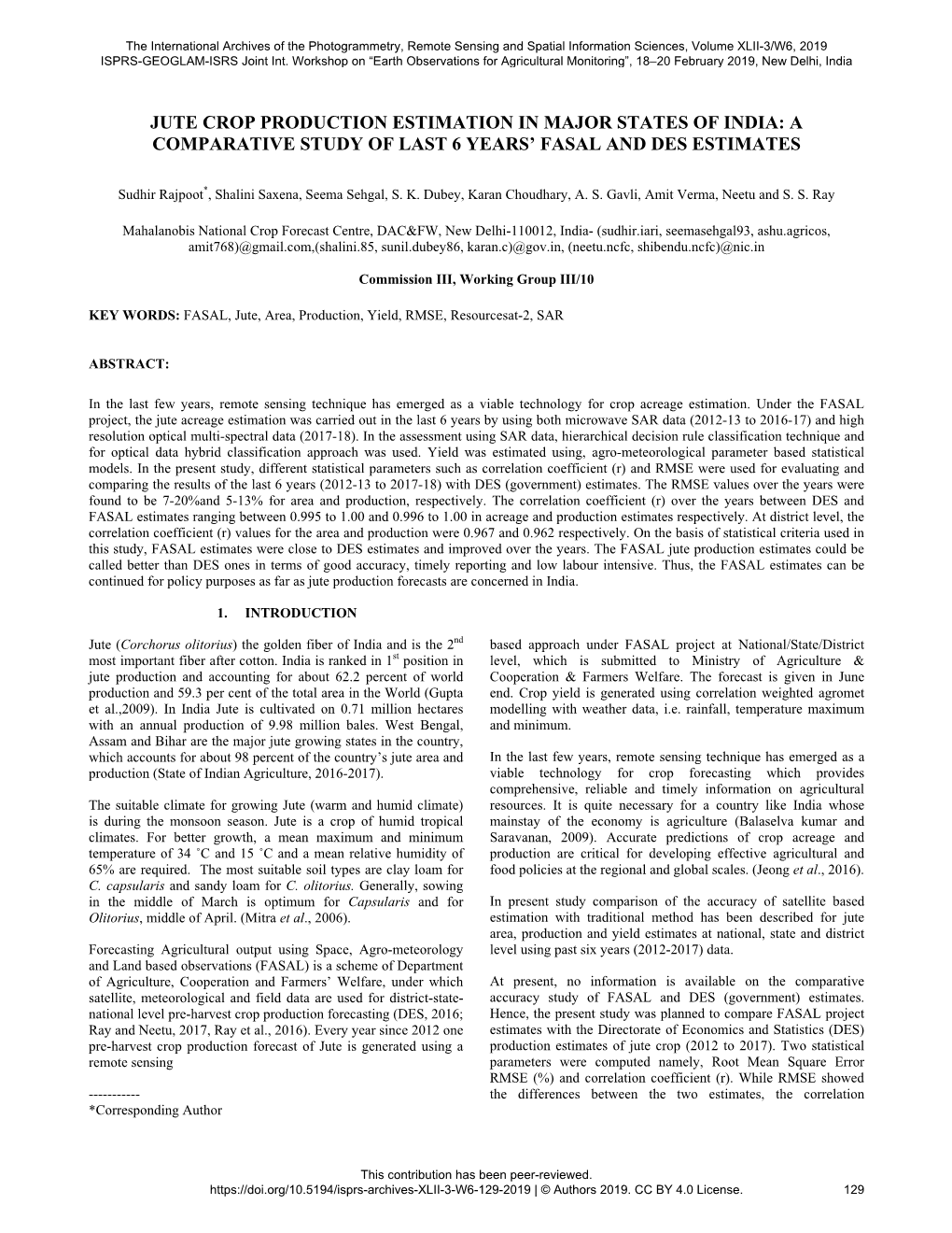 Jute Crop Production Estimation in Major States of India: a Comparative Study of Last 6 Years’ Fasal and Des Estimates