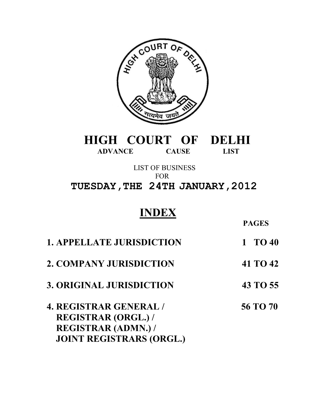 High Court of Delhi Advance Cause List