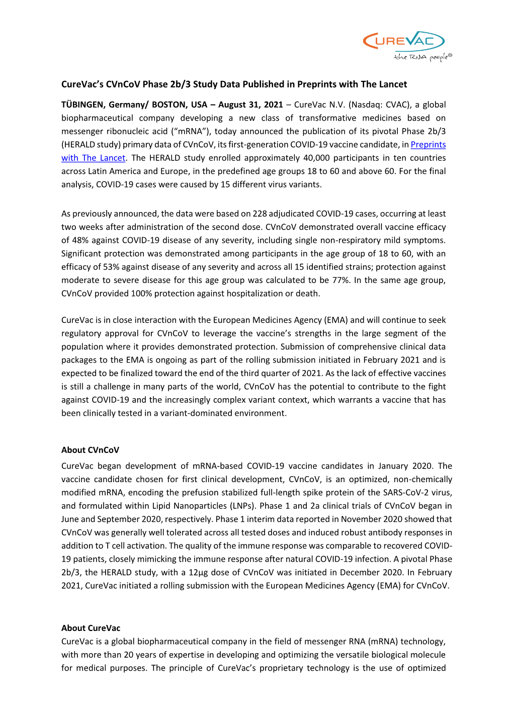 Curevac's Cvncov Phase 2B/3 Study Data Published in Preprints With