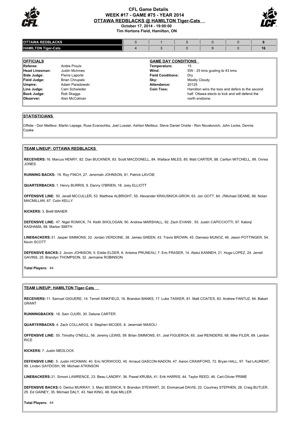 CFL Game Details WEEK #17 - GAME #75 - YEAR 2014 OTTAWA REDBLACKS @ HAMILTON Tiger-Cats October 17, 2014 - 19:00:00 Tim Hortons Field, Hamilton, ON