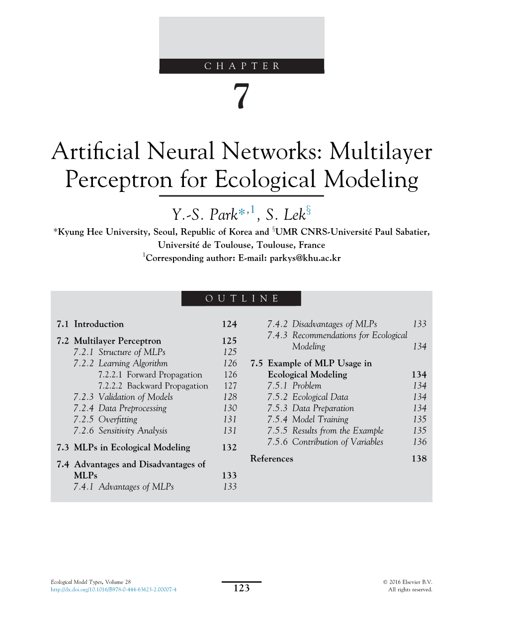 Artificial Neural Networks: Multilayer Perceptron for Ecological Modeling 7.1 Introduction