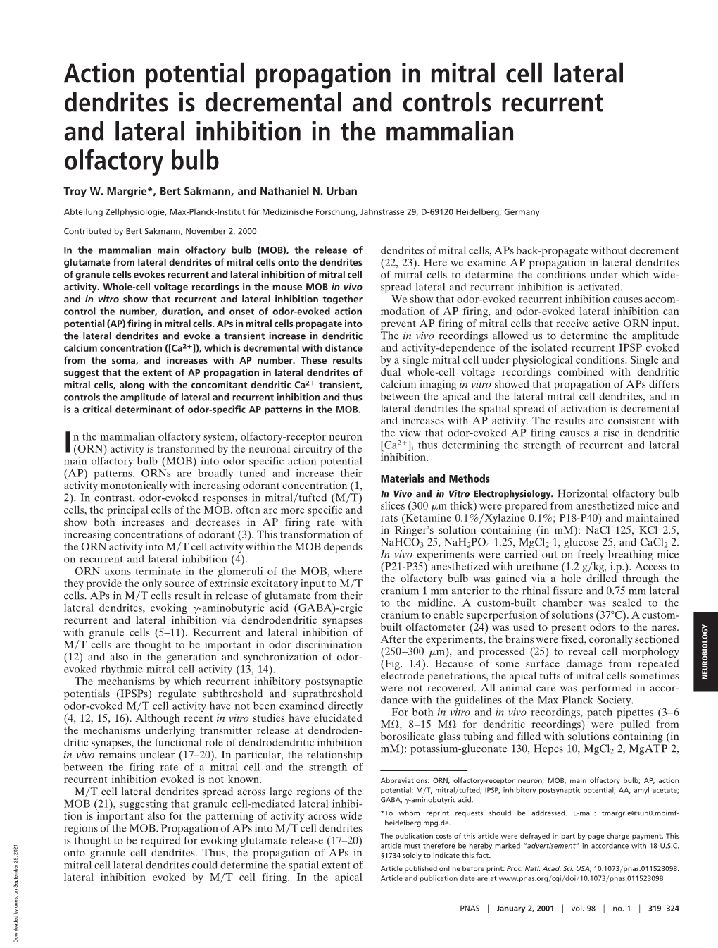 Action Potential Propagation in Mitral Cell Lateral Dendrites Is Decremental and Controls Recurrent and Lateral Inhibition in the Mammalian Olfactory Bulb