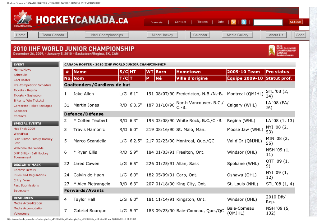 Hockey Canada - CANADA ROSTER - 2010 IIHF WORLD JUNIOR CHAMPIONSHIP