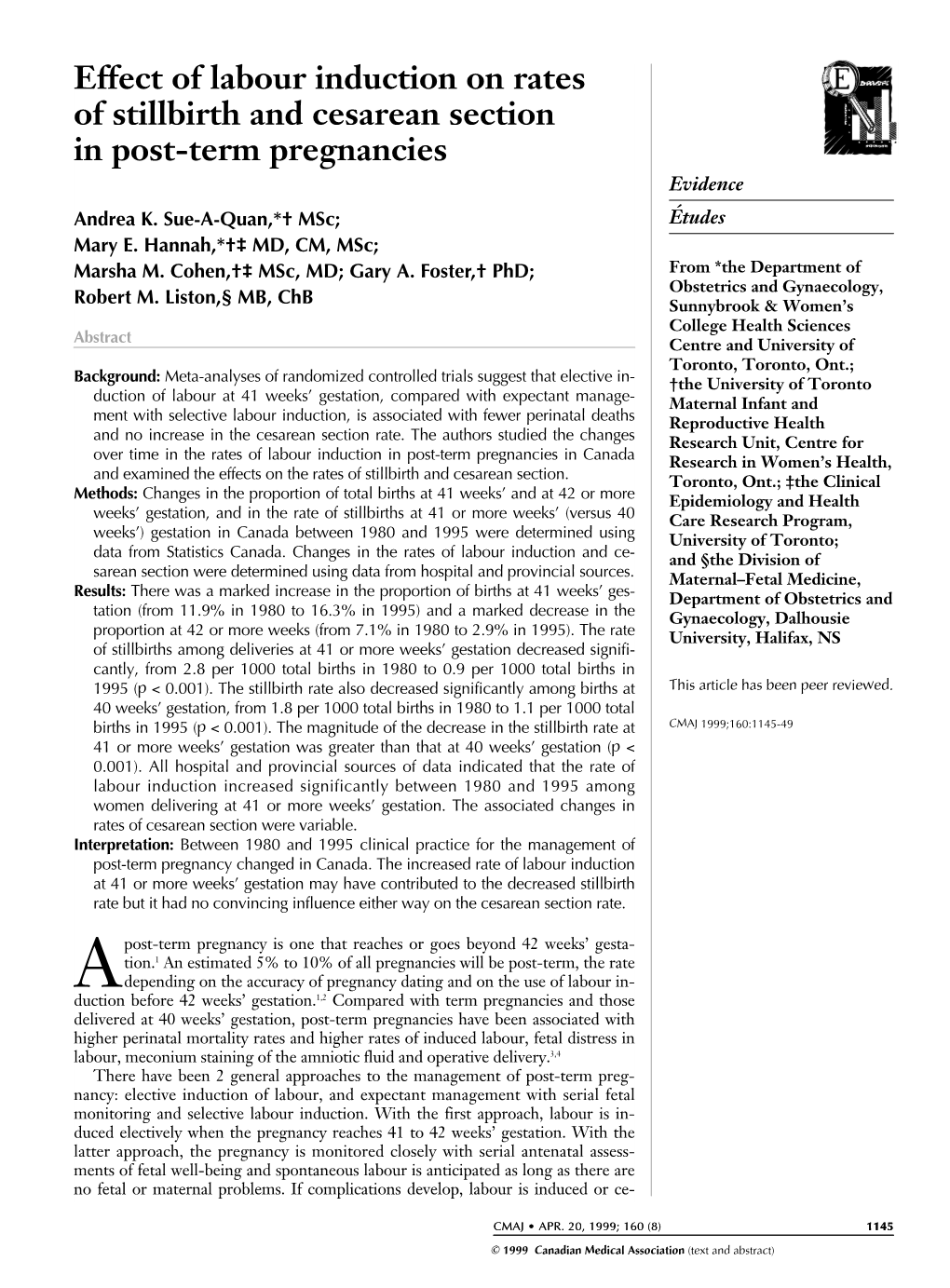 Effect of Labour Induction on Rates of Stillbirth and Cesarean Section in Post-Term Pregnancies Evidence Andrea K