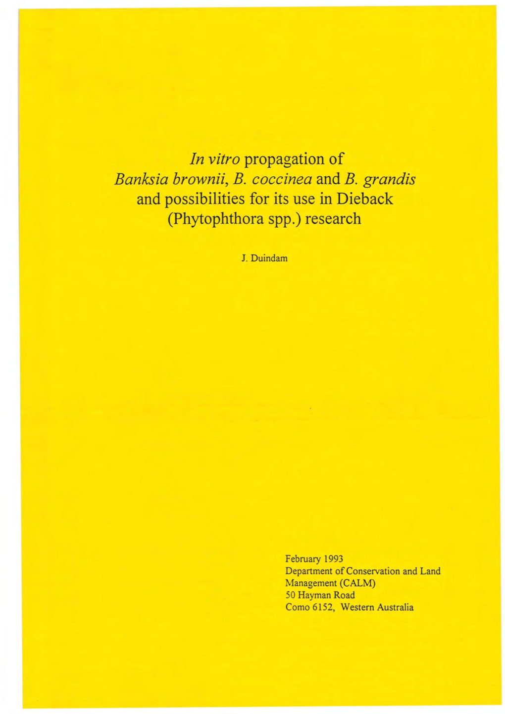 In Vitro Propagation of Banksia Brownii, B. Coccinea and B. Grandis and Possibilities for Its Use in Dieback (Phytophthora Spp.) Research