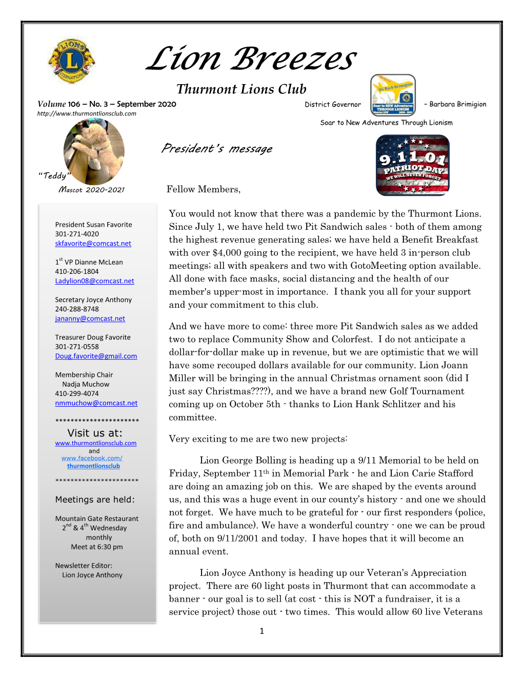 September 2020 District Governor – Barbara Brimigion Soar to New Adventures Through Lionism