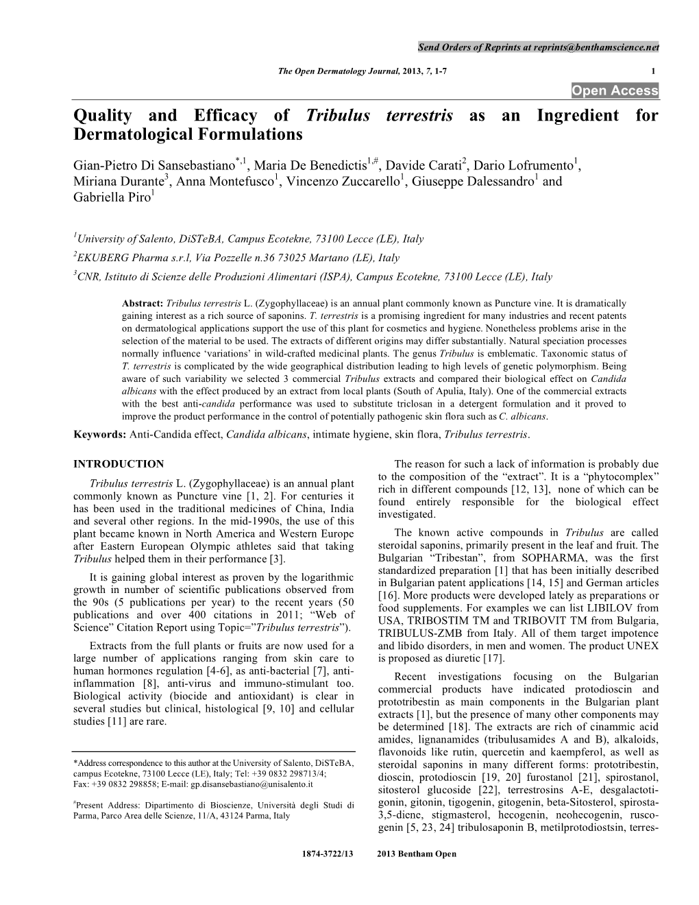 Quality and Efficacy of Tribulus Terrestris As an Ingredient for Dermatological Formulations