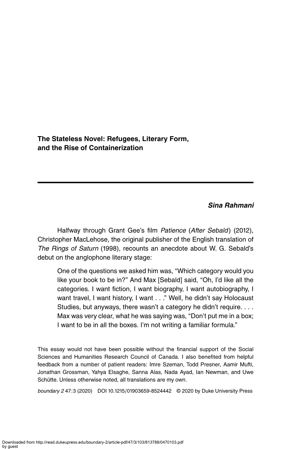 The Stateless Novel: Refugees, Literary Form, and the Rise of Containerization