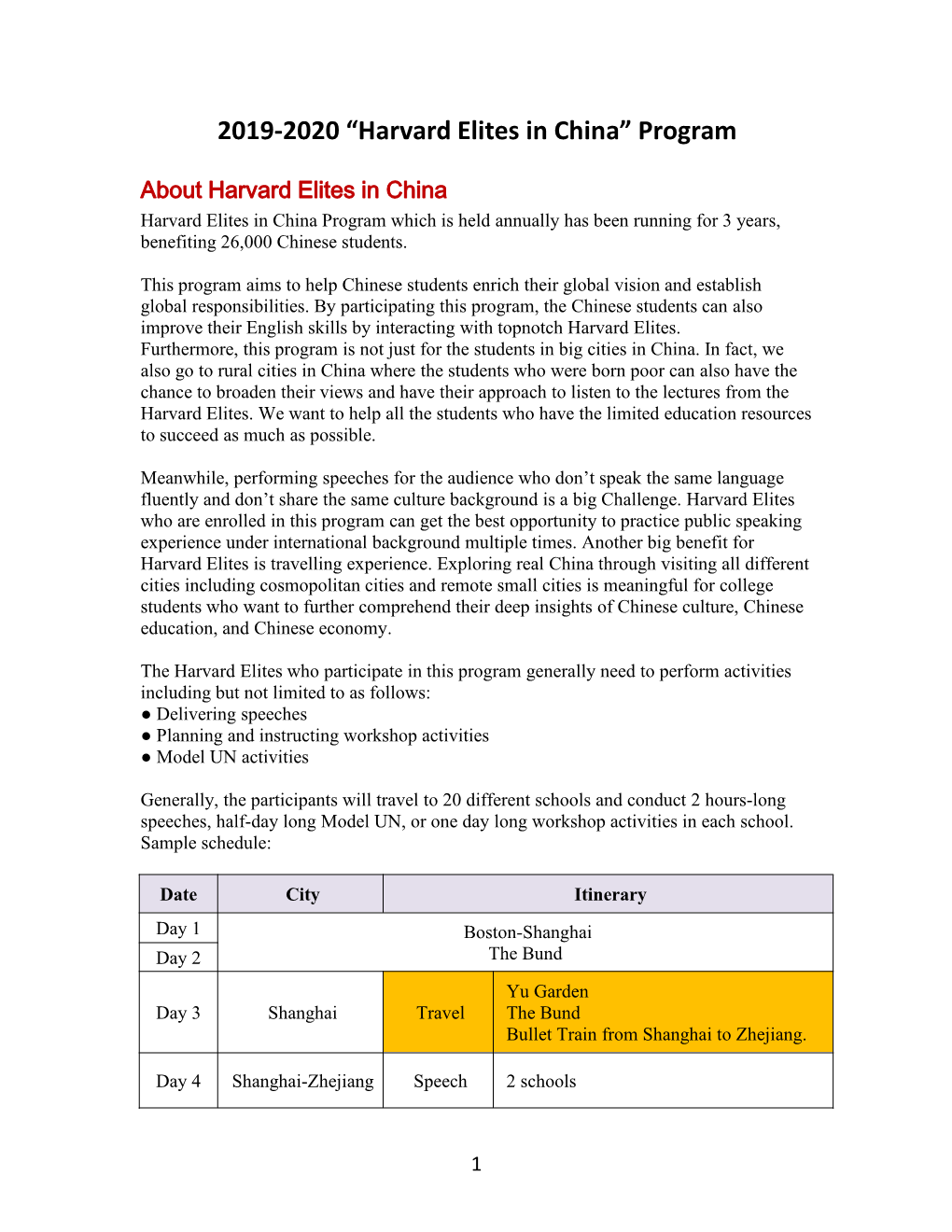 2019-2020 “Harvard Elites in China” Program