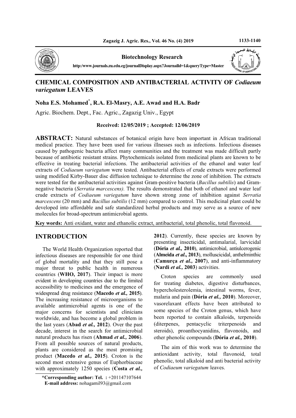 CHEMICAL COMPOSITION and ANTIBACTERIAL ACTIVITY of Codiaeum Variegatum LEAVES