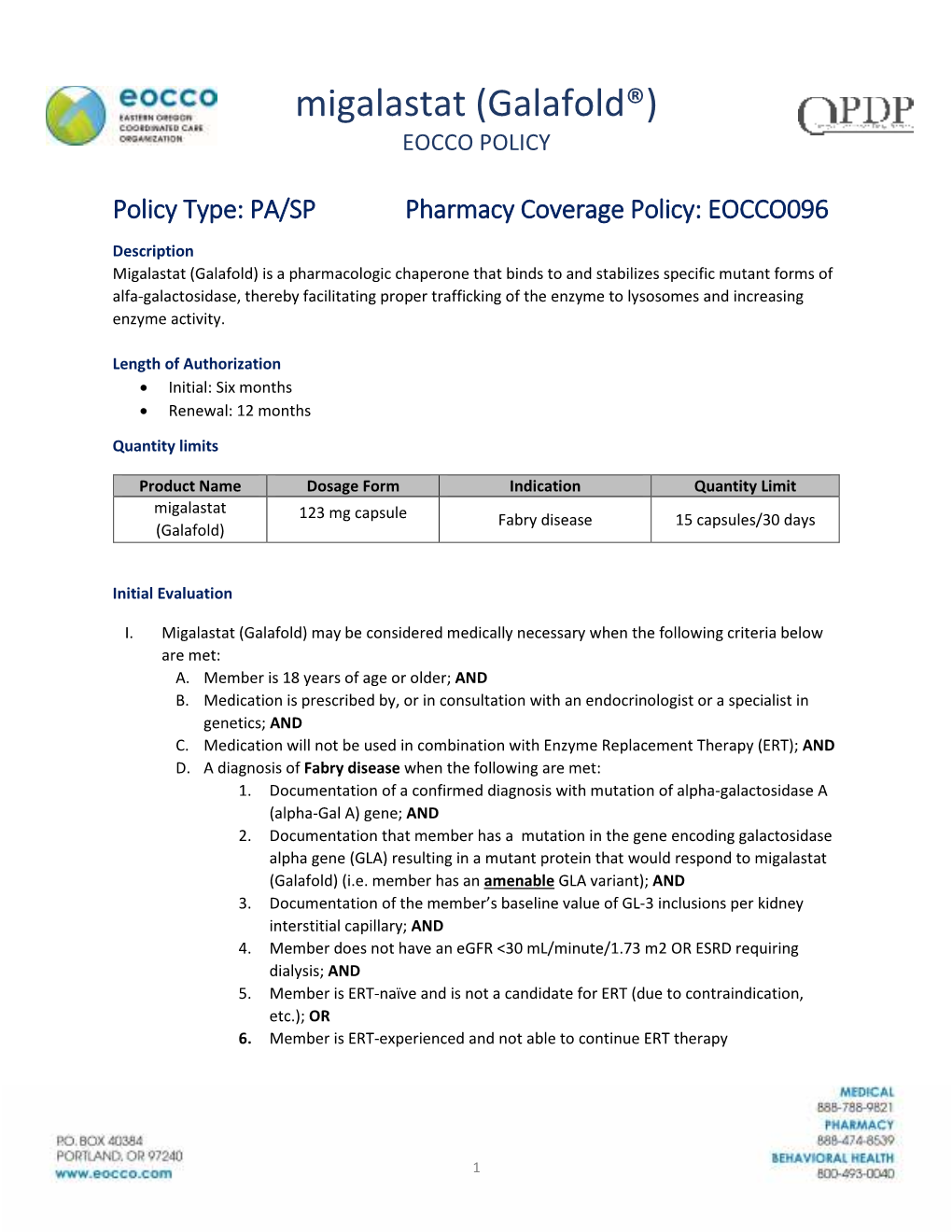 Migalastat (Galafold®) EOCCO POLICY