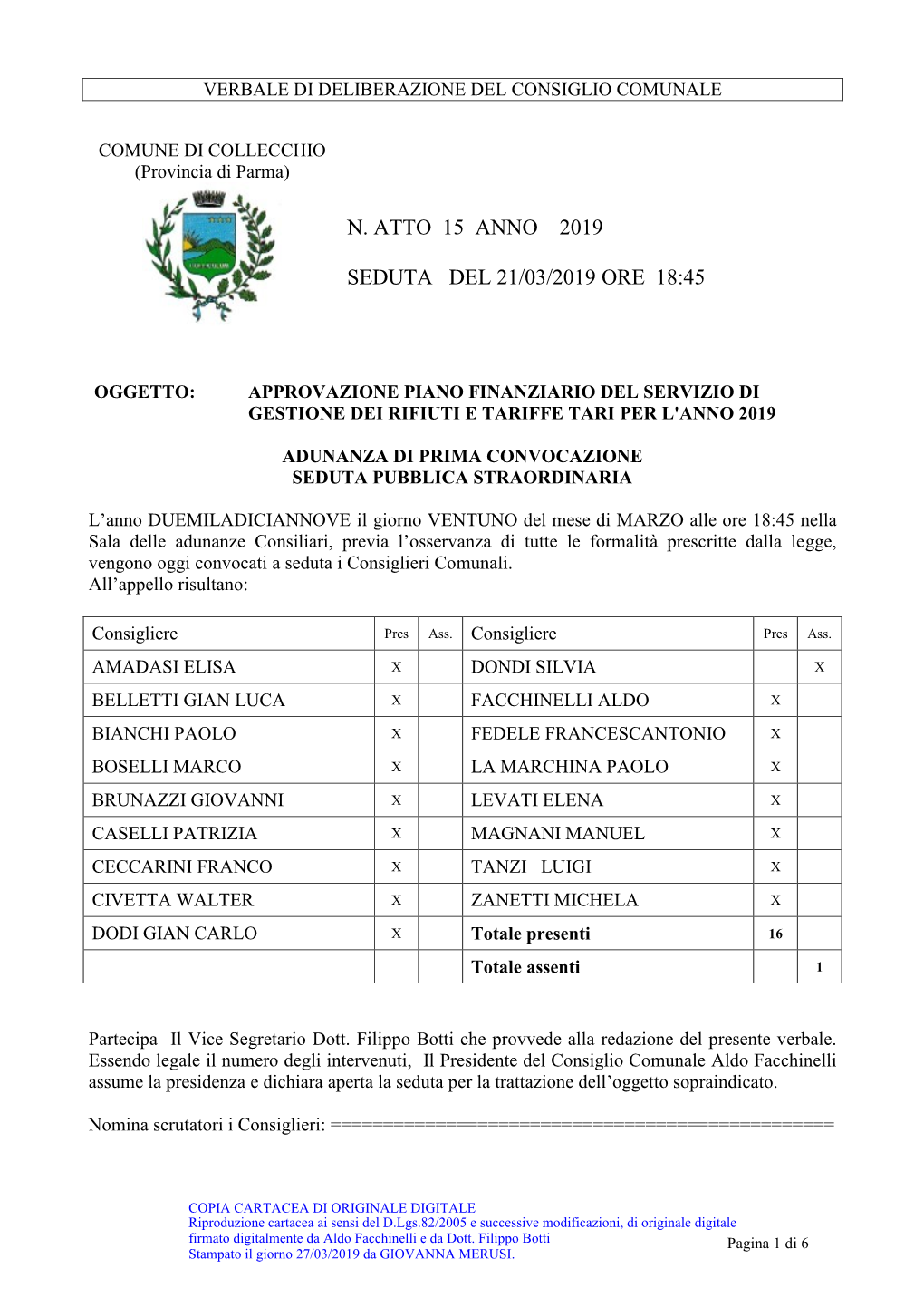 N. Atto 15 Anno 2019 Seduta Del 21/03/2019 Ore 18:45